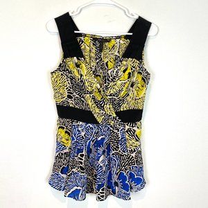 BCBGMaxAzria Silk Blouse Sleeveless V Neck Blue Yellow Black Elastic Waist S